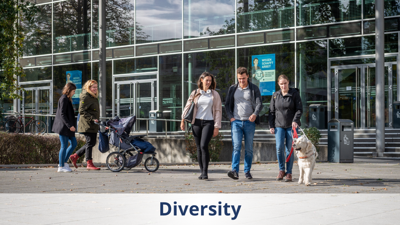 The photo shows people with a baby carriage and a guide dog in front of the auditorium center of the TU Dresden.