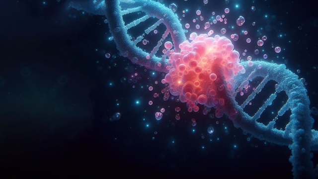 Intertwined DNA strands like a ladder against a dark background. In the middle of the DNA double strand are pink bubbles that form a blob around the DNA.