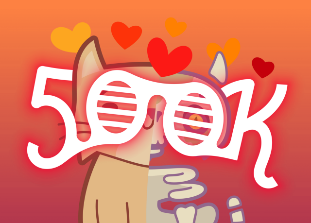 The adorable, half-dead cat starring in the Kitty Q app celebrates 500K+ downloads. She wears glasses whose lenses are made of '500k'.