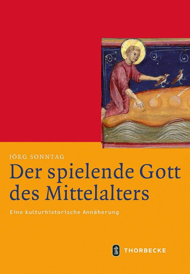 The cover shows a medieval picture of a man with a halo and red clothing holding a bird in his hand on a split background in the upper part, which has a red color. In the lower part, which has an orange background, the author, 'Jörg Sonntag', can be found