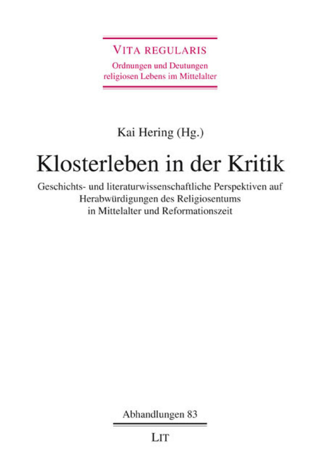The background of the title page is white and in the upper, central part is the title of the series in magenta lettering. It reads: 'VITA REGULARIS. Orders and interpretations of religious life in the Middle Ages'. Below this is the name of the editor.