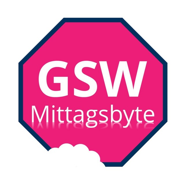 Angebissenes GSW-Achtecht in Magenta mit Text 'GSW Mittagsbyte'