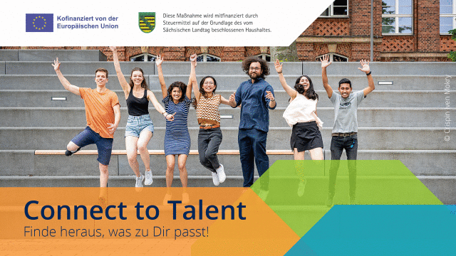 Plakat zu 'Connect to Talent' mit einem Foto von mehreren Studierenden, die vor dem Fritz-Förster-Bau bei den Treppen in die Luft springen.