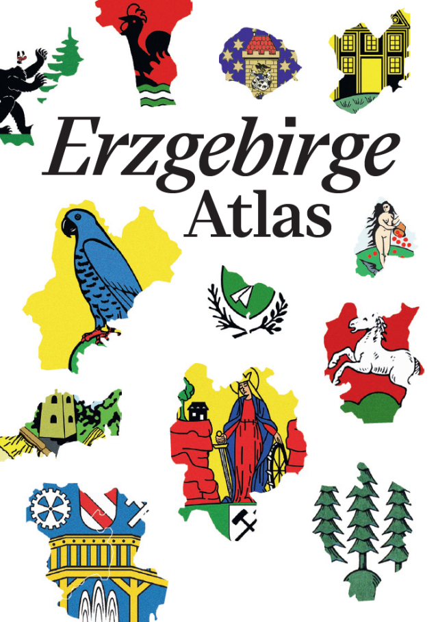 White background with the text 'Erzgebirge Atlas', surrounded by graphics with the outline of the districts of the Ore Mountains and a part of the respective coat of arms.