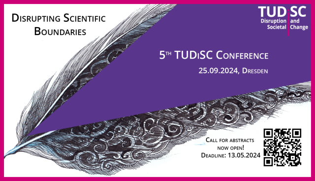 Poster Ankündigung der VA: eine gespaltene Feder symbolisiert die Disruption der Forschung, als Werbung für die 5. internationale TUDiSC-Konferenz, die wissenschaftliche Grenzen erkunden wird.  