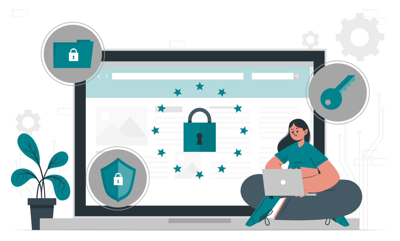 Illustration einer Person am Laptop mit einem Hintergrund zum Thema Cybersicherheit, darunter Schlosssymbole und technische Elemente
