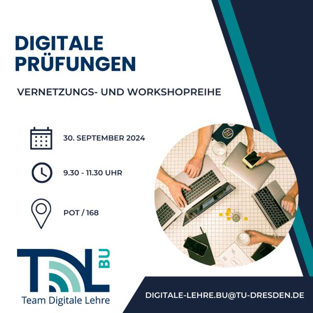 Flyer für die Veranstaltung mit dem Titel 'Digitale Prüfungen' am 30. September 2024 an der TU Dresden.