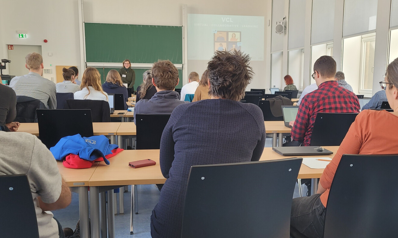  Bild von Teilnehmenden des letzten Vernetzungsworkshops während eines Vortrags über Virtual Collaborative Learning