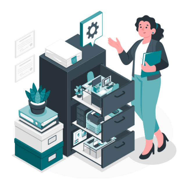 Illustration einer Person neben einem Schrank, der als Metapher für eine Werkzeugkiste dient und offene Schubladen mit digitalen Werkzeugen zeigt
