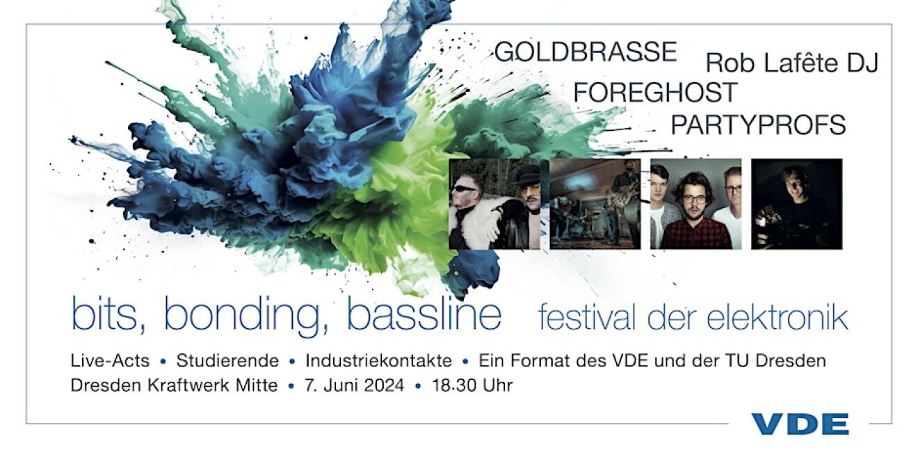 Poster for the festival. White background. On it exploding splashes of color in blue, turquoise and green. Below the title 'bits, bonding, bassline'. To the right: 'Goldbrasse, Rob Lafête, DJ FOREGHOST, PARTYPROFS'.  Below photos of the performers.