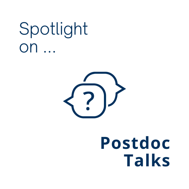 White background. Dark blue lettering on the top left: “Spotlight On...” Center: two overlapping speech bubbles. Front speech bubble with question mark in it. Bottom right: light turquoise lettering: Postdoc Talks