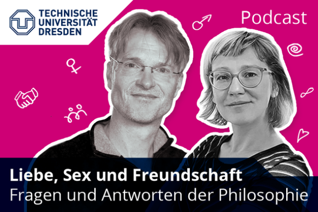  Black and white photos by Markus Tiedemann and Katrin Tominski as a collage on a pink background with podcast title and symbols of love, friendship and sexuality