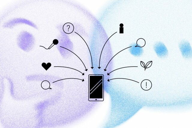  In the center of the illustration is a smartphone. Around the smartphone are symbols with arrows pointing to the smartphone. Two emojis are shown in the background: a purple brooding smiley and a blue speech bubble.