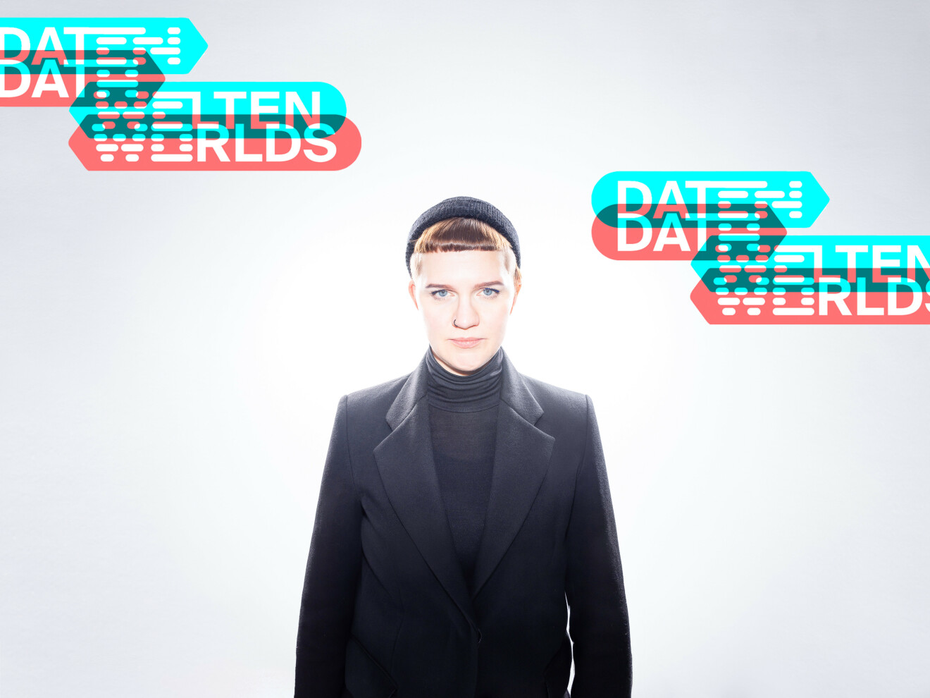 Photo of the artist with the text 'Data Worlds'