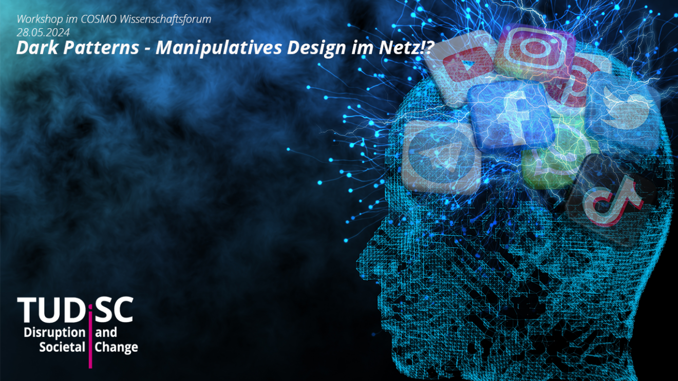 Head full of social media logos symbolises 'dark patterns' on the web and their effect on decision-making