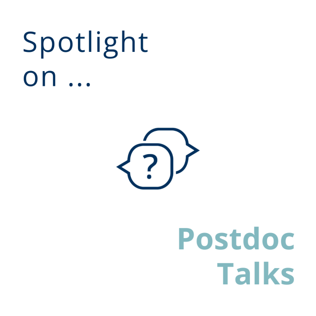 Weißer Untergrund. Dunkelblaue Schrift links oben: 'Spotlight On...' Mitte: zwei sich überlagernde Sprechblasen. Vordere Sprechblase mit Fragezeichen darin. Rechts unten: helltürkise Schrift: Postdoc Talks