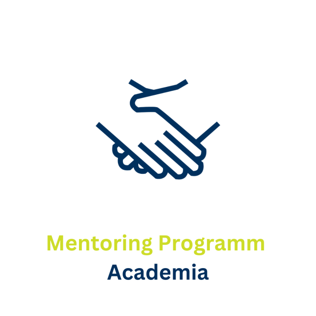 Icon: zwei blaue Hände; Text: Mentoring Programm Academia