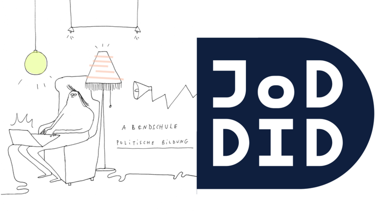 Graphic of a person sitting in a polster chair writing on a laptop; text: JODDID