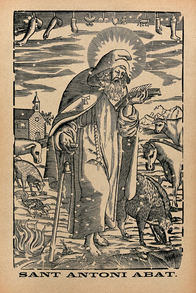 In the foreground of the print, Saint Anthony is seen engrossed in a book while leaning on a crutch staff. A cross, a Tau, and a bell can be seen attached on his habit. In the background, several animals are visible, including a pig.