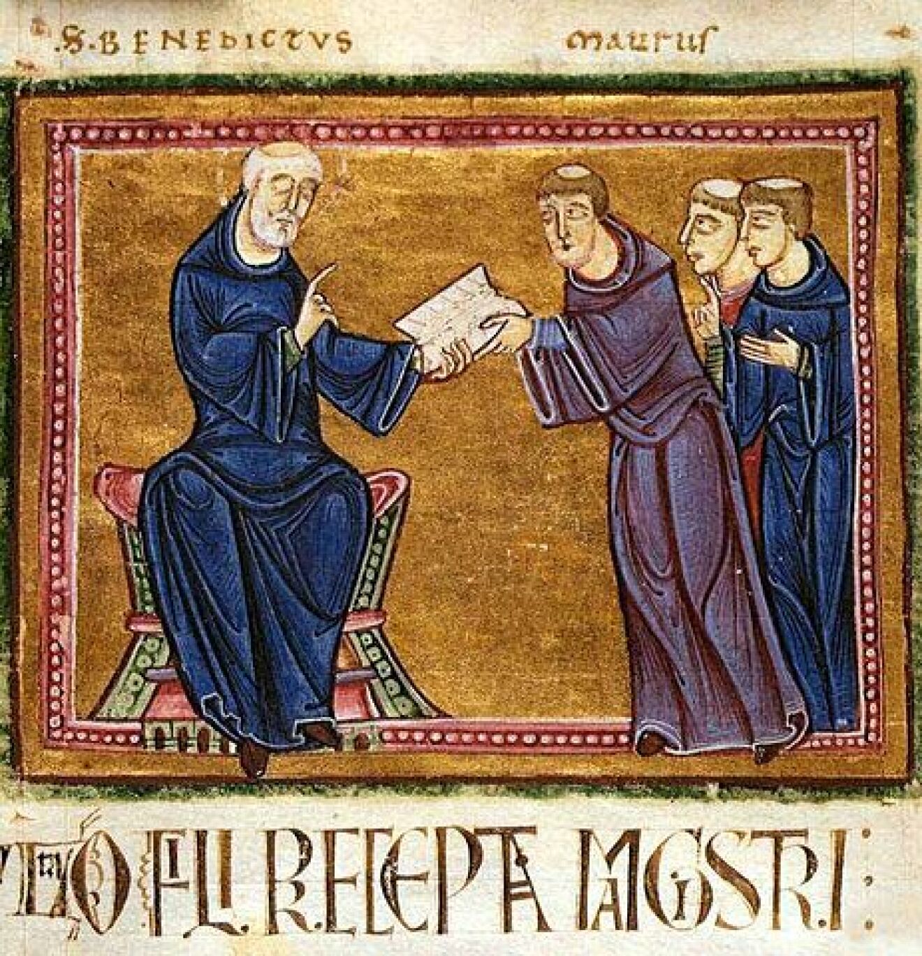 St Benedict gives his Rule to his successor St. Maurus in Subiaco, and other monks of his order.
