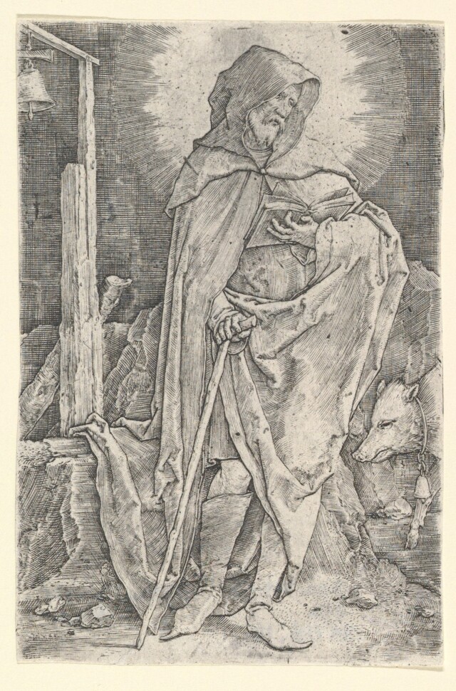St Anthony in a coat with book and cane, accompanied by a pig.