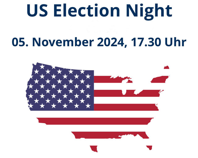 The outline of the USA can be seen on a white background, into which the US flag is inserted. Above it, “US Election Night” and the date of the event are written in blue. 