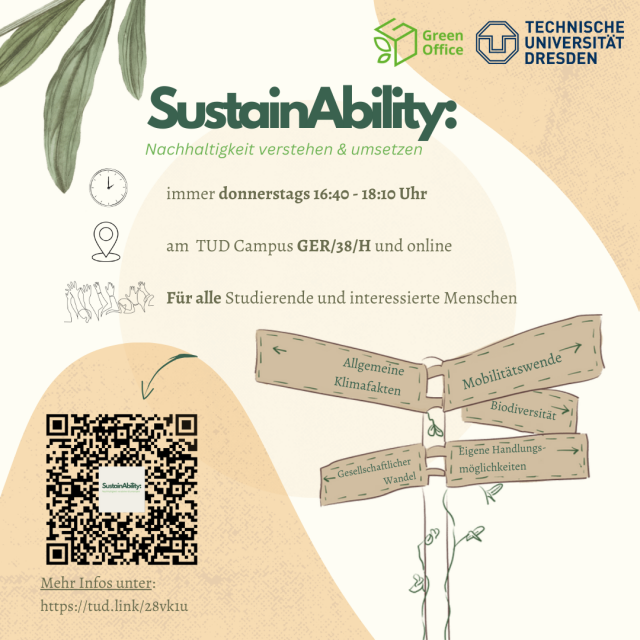 Advertising image of the lecture series Sustainability: Understanding and implementing sustainability. Every Thursday from 16:40 to 18:10 in room GER/38/H and via Zoom. On Opal at https://tud.link/28vk1u