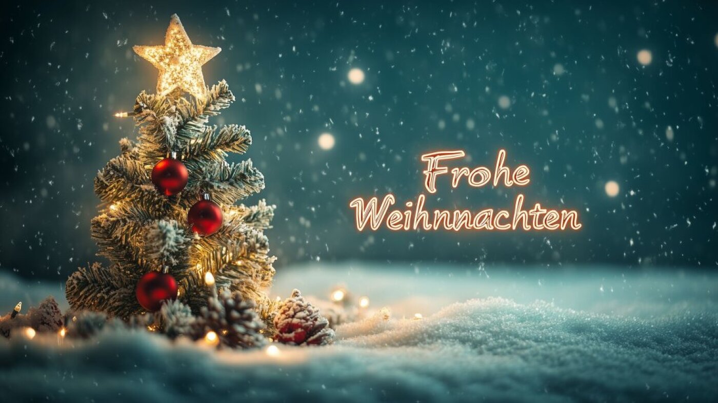 Ein leuchtender, verschneiter Weihnachtsbaum mit roten Kugeln und einem goldenen Stern an der Spitze. Im Hintergrund fällt Schnee, und der Schriftzug 'Frohe Weihnachten' leuchtet warm.