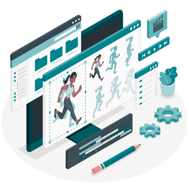 Eine animierte Darstellung eines digitalen Arbeitsplatzes mit geöffneter Software zur Erstellung von Animationen. Ein Charakter wird in verschiedenen Laufposen dargestellt, umgeben von technischen Elementen wie Zahnrädern, Videoplayer-Icons und Werkzeugen