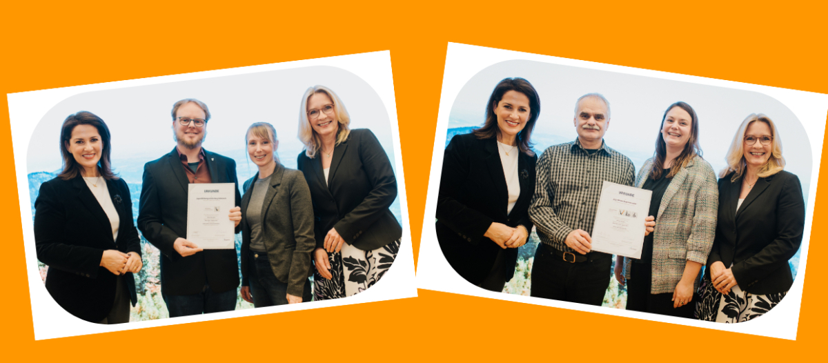Gruppenfoto: BJR-Präsident Philipp Seitz, Klaus Holetschek, Fraktionschef der CSU im Bayerischen Landtag, Teresa Jetschina, Vorsitzende des Bezirksjugendrings Schwaben und JuBi-Leiter Michael Sell vor einem Roll-up der Jugendbildungsstätten Bayern