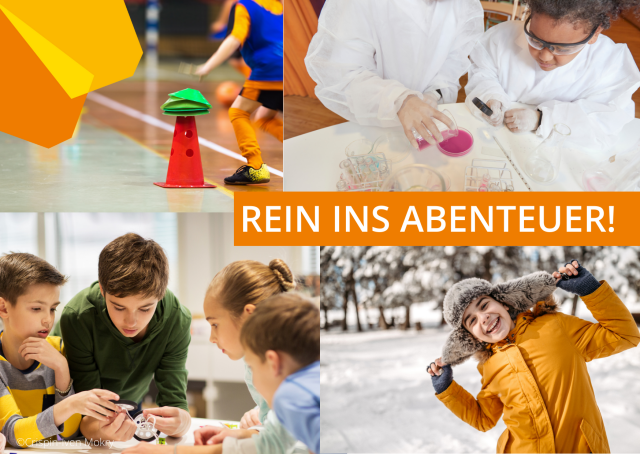 The four-part graphic with the slogan “Off on an adventure” shows children experimenting, playing sports, and in a winter setting