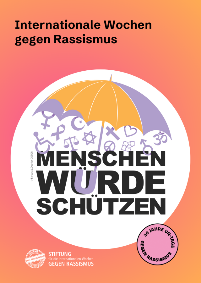 poster from the International Weeks against Racism with the German claim protecting human dignity 