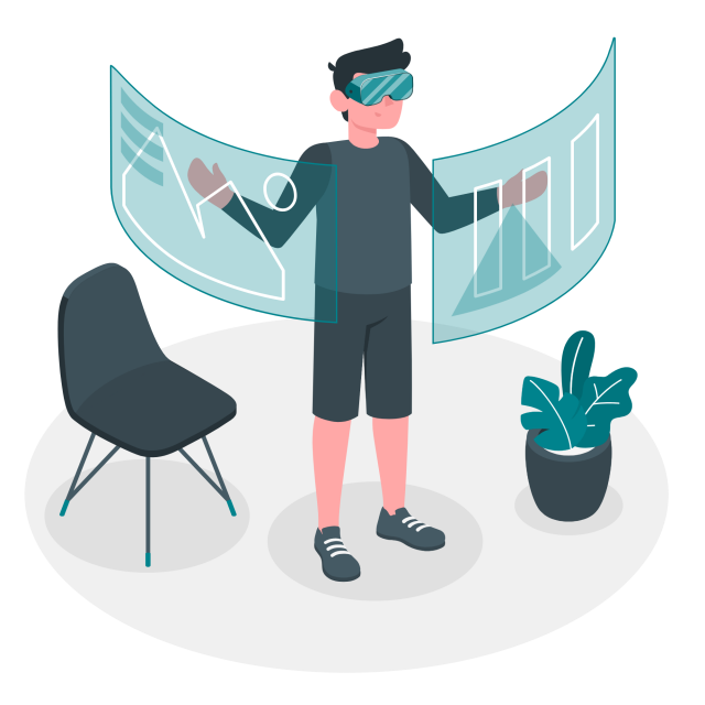 Person mit VR-Brille steuert virtuelle Benutzeroberflächen mit Diagrammen und interaktiven Grafiken in einer simulierten Umgebung.