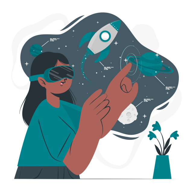Person mit Virtual-Reality-Headset interagiert mit einer virtuellen Weltraumumgebung mit Rakete, Planeten und Sternen.