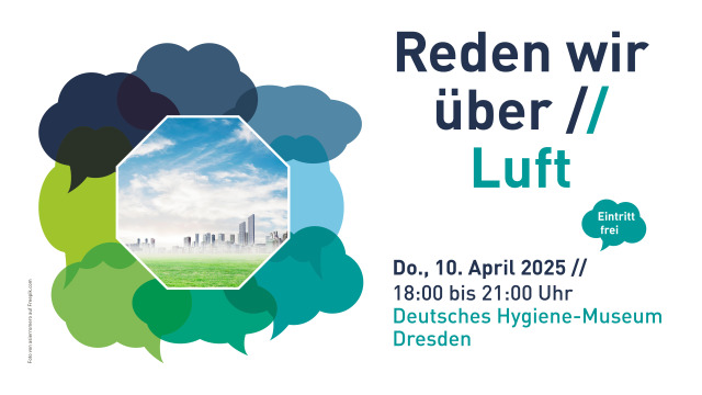 A picture of a city with clouds and a meadow in an octagon surrounded by 8 speech bubbles in four shades of blue and four shades of green. To the right of it is a large caption: Let's talk about air, below free admission and Thursday, April 10, 2025, 6 to