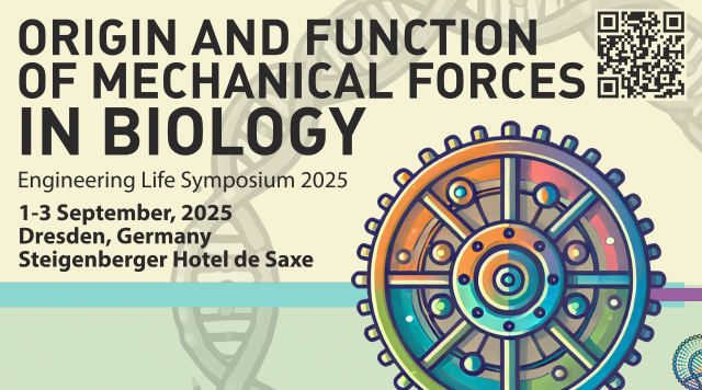 An event poster. The background is light beige with a faint pattern of a DNA double helix. At the top left, large bold black text reads: 'ORIGIN AND FUNCTION OF MECHANICAL FORCES IN BIOLOGY.' Below it, in smaller black text, is 'Engineering Life Symposium
