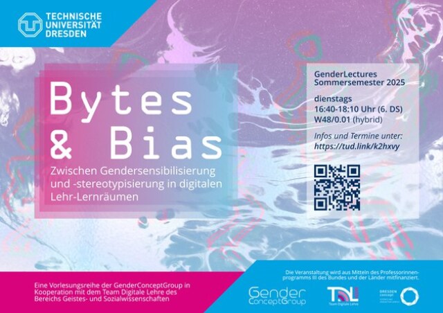 Poster for the event series ‘Bytes & Bias’ with information on location, time, QR code
