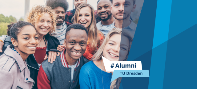Group of laughing people looking into the camera, text in speech bubbles: #Alumni, TU Dresden