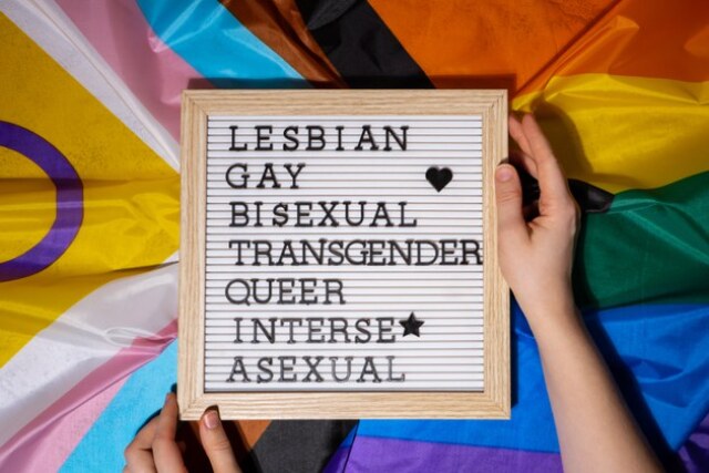 A letterboard with the words ‘LESBIAN’, ‘GAY’, ‘BISEXUAL’, ‘TRANSGENDER’, ‘QUEER’, ‘INTERSE*’ and ‘ASEXUAL’ on Pride flags, held by two hands. Symbols adorn some terms.