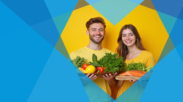 In a heart-shaped frame in the TUD colors, a man and a woman in yellow T-shirts are shown against a yellow background, both holding a container of healthy food in their hands.