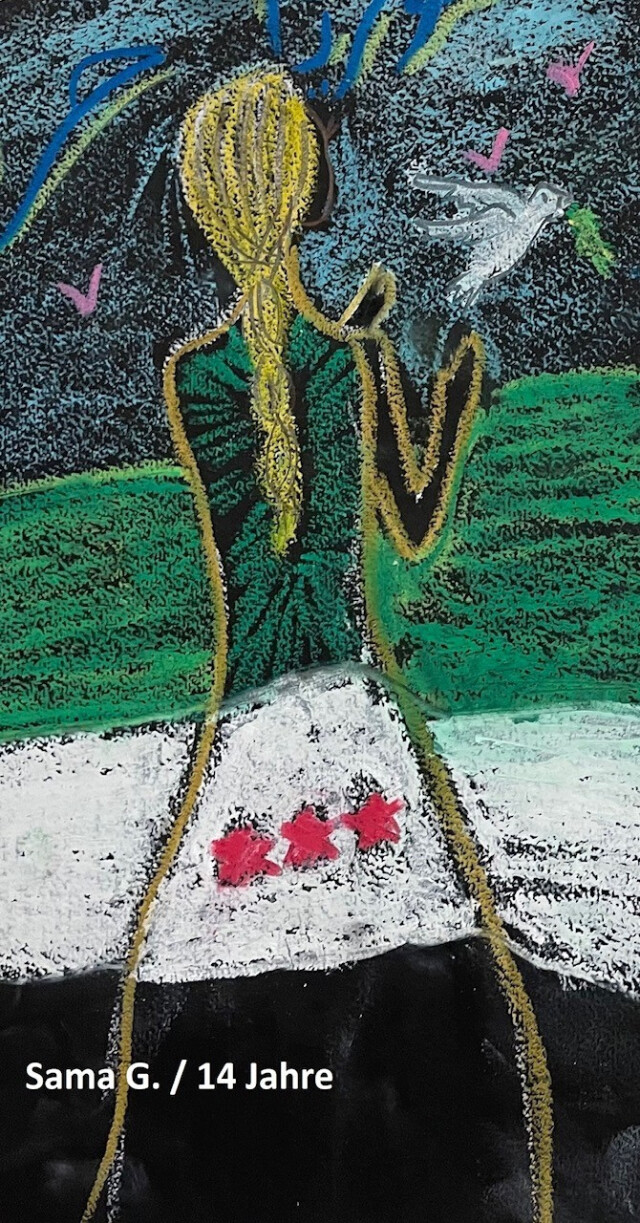 The drawing shows the figure of a blonde woman from behind. A white dove rises from her hands. The Syrian flag over two thirds of the picture. At the bottom left is the inscription: Sama G. / 14 years.