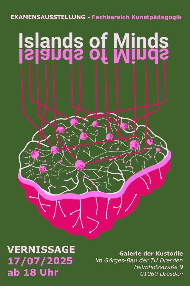 The graphic shows an abstracted brain in pink against a moss green background. The text refers to the vernissage on July 17, 2025 and the location of the exhibition, the Gallery of the Office for Academic Heritage, Scientific and Art Collections in the Gö