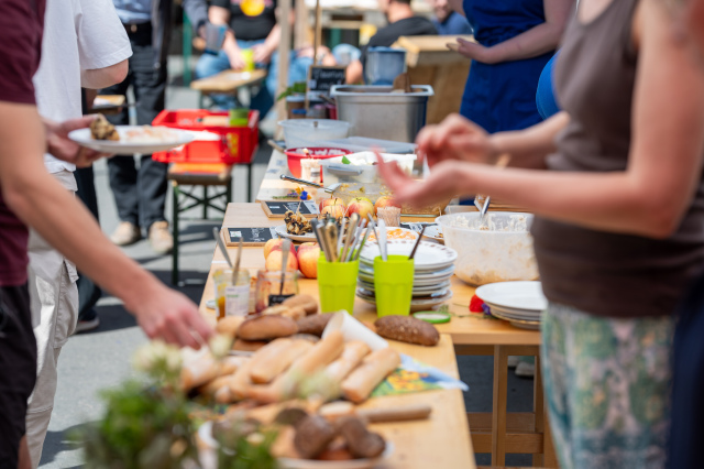 Table with lots of different foods