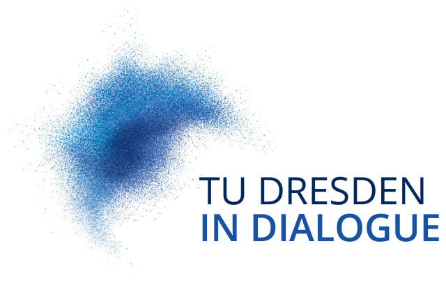 The graphic shows a blue cloud with different shades of blue. To the right of the cloud it says “TU Dresden in Dialogue.”