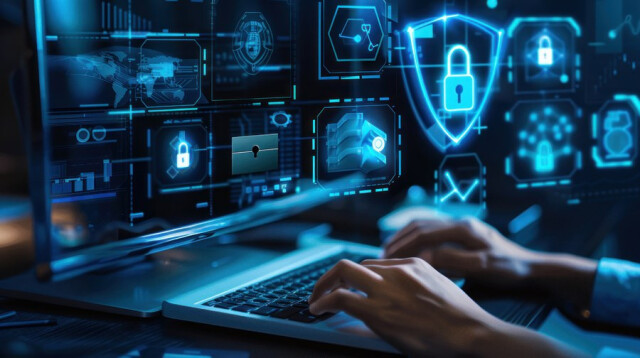 Symbolic image for cyber security: two hands writing on a keyboard, various symbols in the background