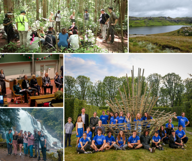 The collage shows five images of international projects, including a panel discussion, a group of participants at a summer school in front of a bamboo sculpture, and group photos in front of impressive landscapes.