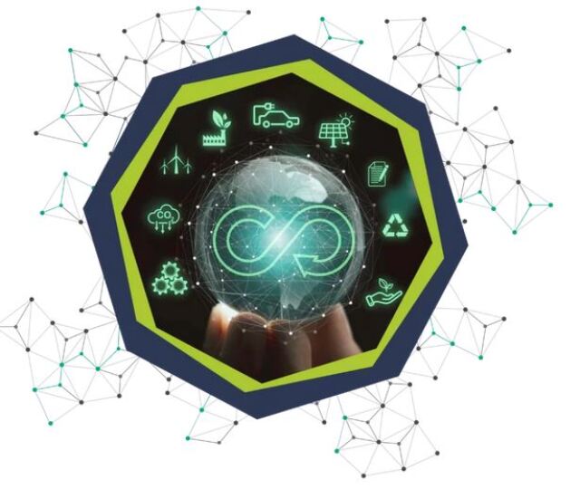 Symbolic image of the circular economy, with the infinity symbol held by a hand in the center. Various icons representing the circular economy surround the infinity symbol.