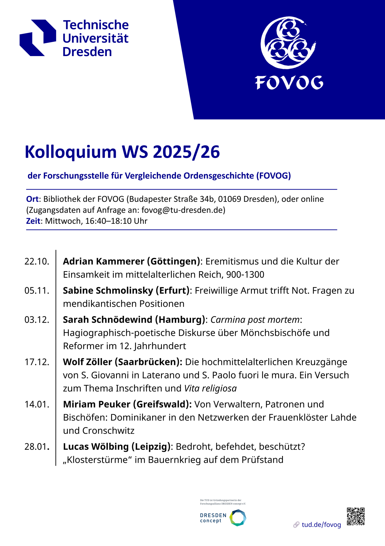 Programme of the Research Colloquium: New Research on the Comparative History of Religious Orders Winter Term 2025/26