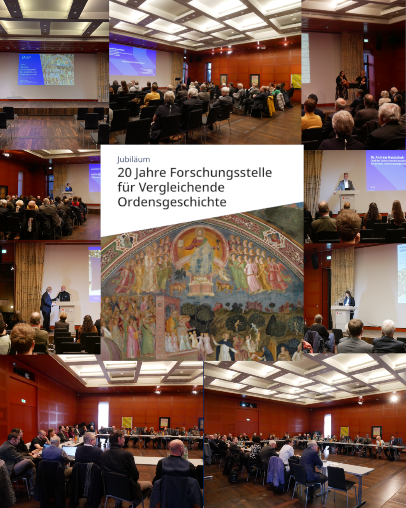 A montage of presentations and discussions at an anniversary event celebrating “20 Years of the Research Center for Comparative History of Religious Orders,” featuring an audience in a conference hall