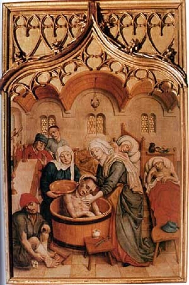 A medieval depiction of St Elizabeth with nurses at work in a leprosarium